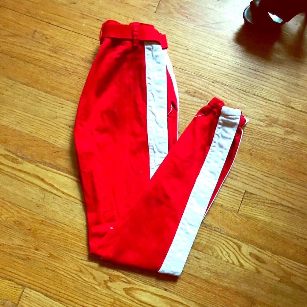 Red athletic Lycra jogging pants w/white stripe